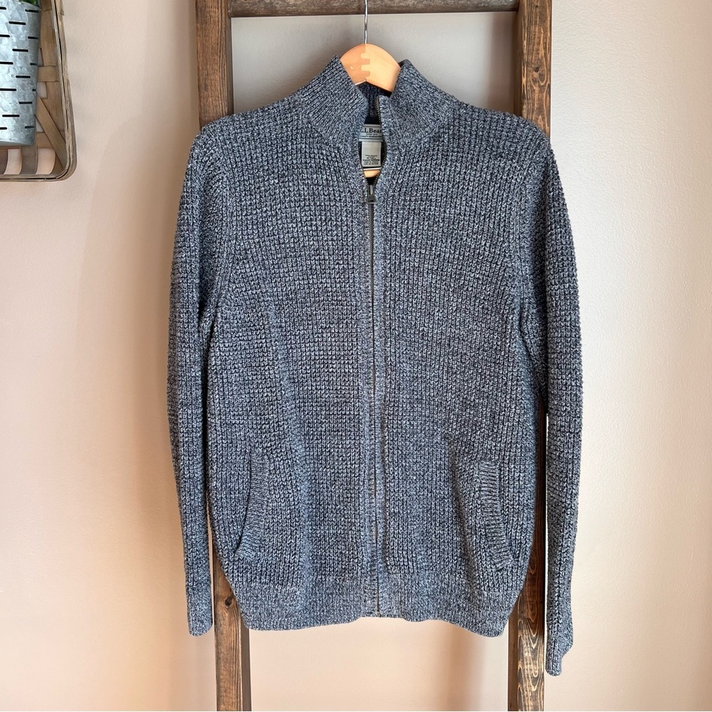 L.L. Bean Gray Full-Zip Waffle Knit Sweater M Tall